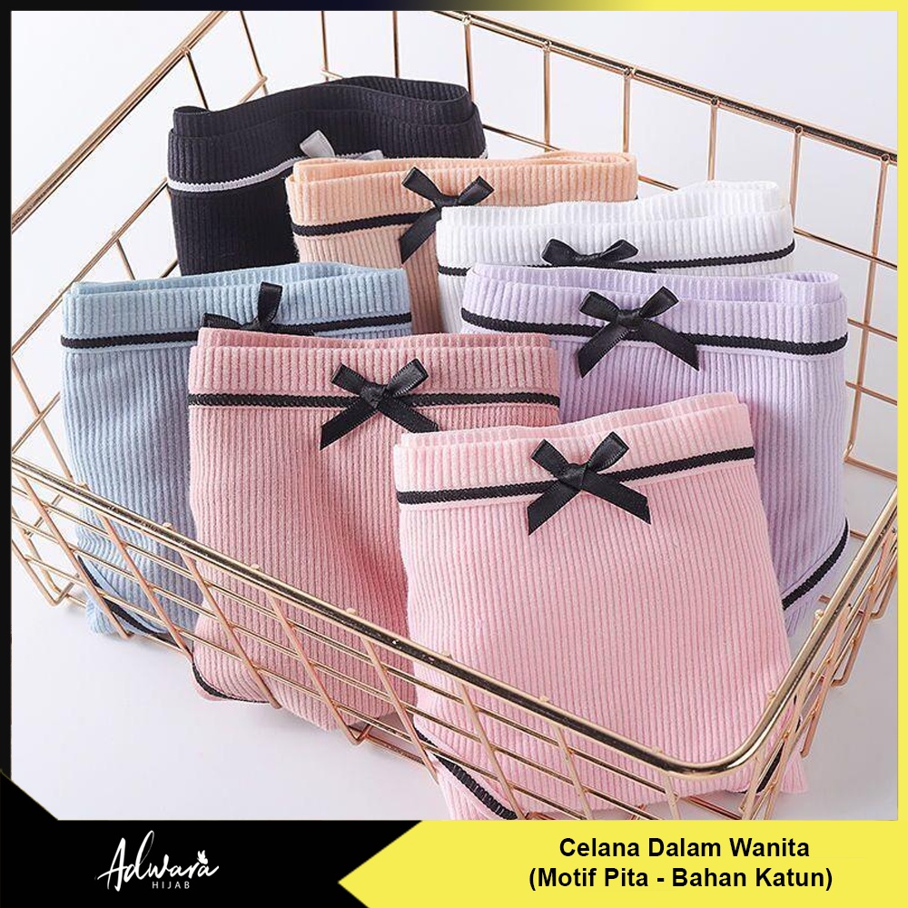 Celana Dalam Wanita Polos Motif Pita Bahan Katun Lembut Korean