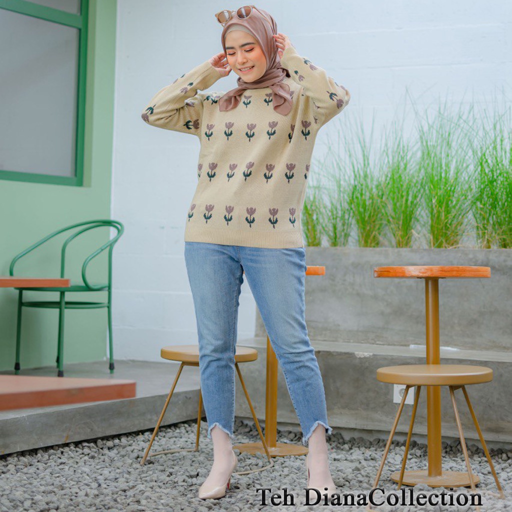 Sweater Rajut Motif Bunga Baju Rajut Wanita OVERSIZE Fashion Terbaru Murah Bhn Rajut Premium