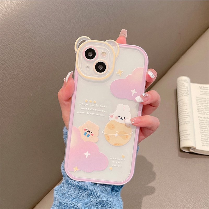 Soft Case TPU Transparan Motif Bulan Kelinci Beruang Untuk iPhone 13 12 11 Pro Max X Xr Xs Max SE 2020 8 7 6 6s Plus