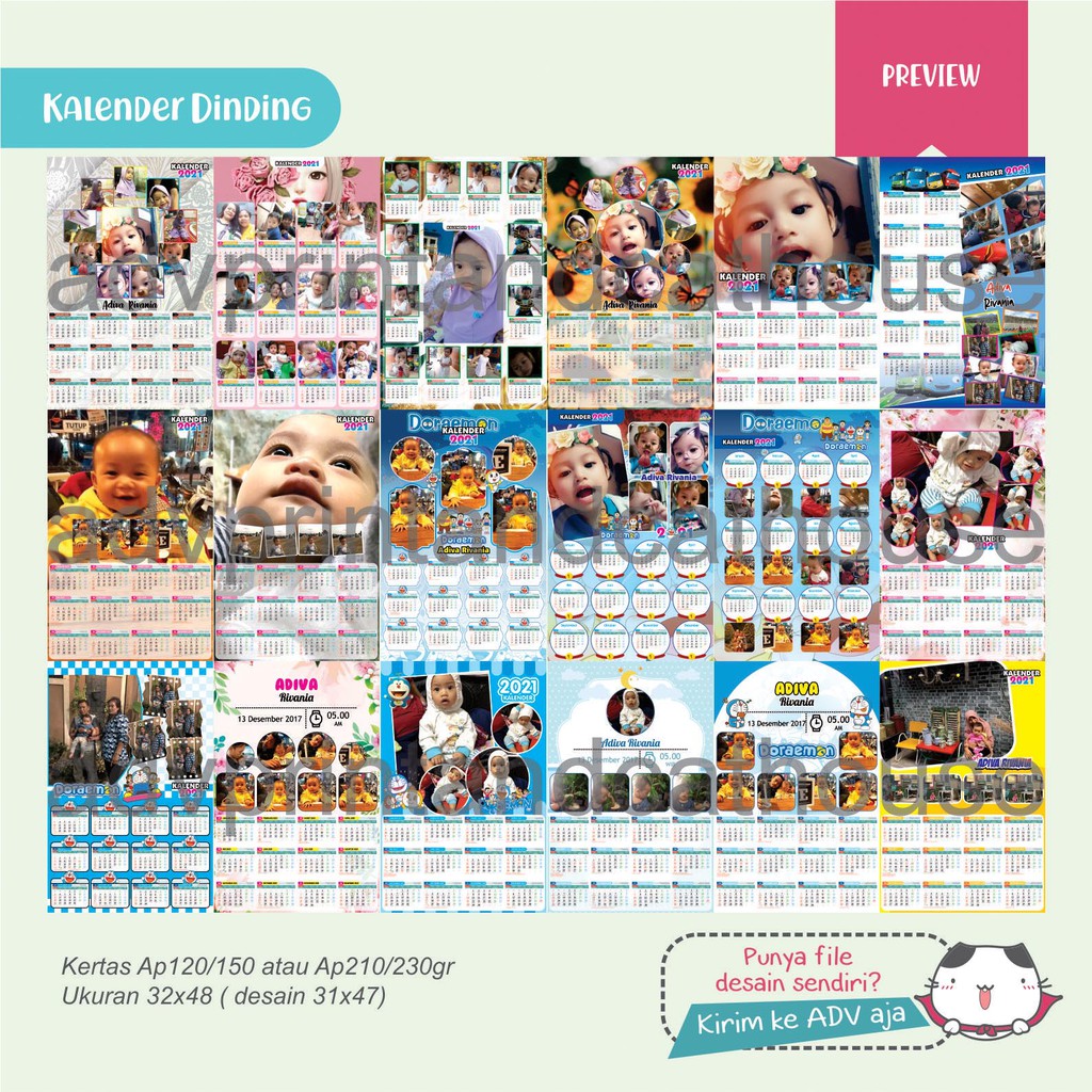 KALENDER DINDING FOTO  KARTUN  KARAKTER 2021  CUSTOM 1 LEMBAR 