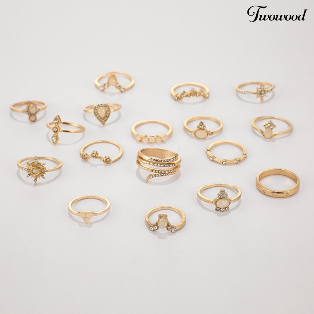 17pcs / Set Cincin Jari Permata Berlian Imitasi Gaya Bohemian Untuk Wanita