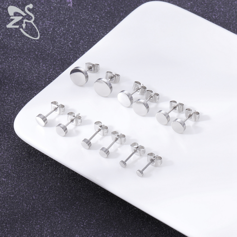 6 Pasang / Lot Anting Stud Bentuk Bulat Bahan Stainless Steel 20g Ukuran 3-8mm Warna Hitam Silver