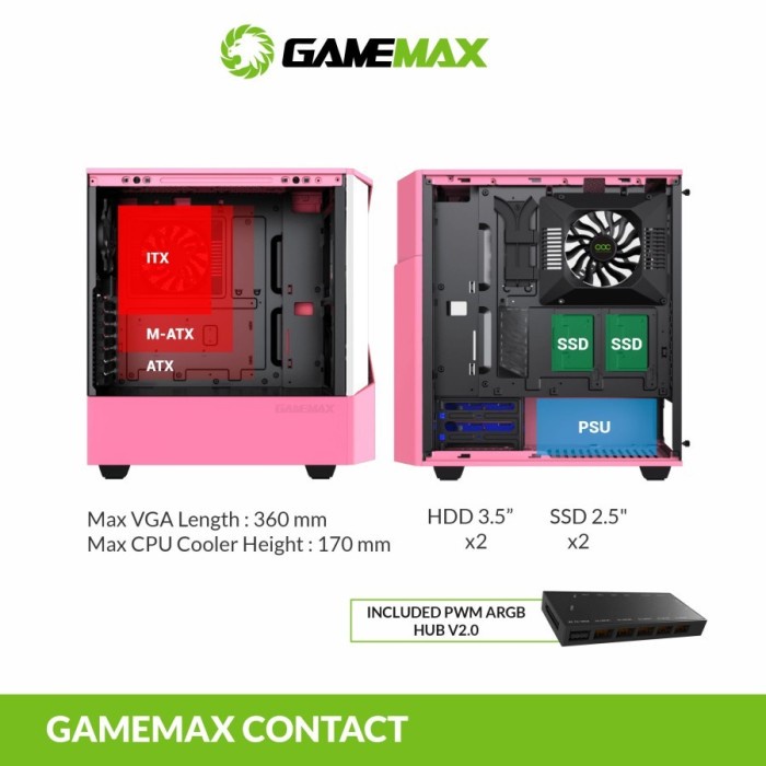 GameMax Contac COC White Pink E-ATX Gaming PC Case With COC Fan &amp; PWM