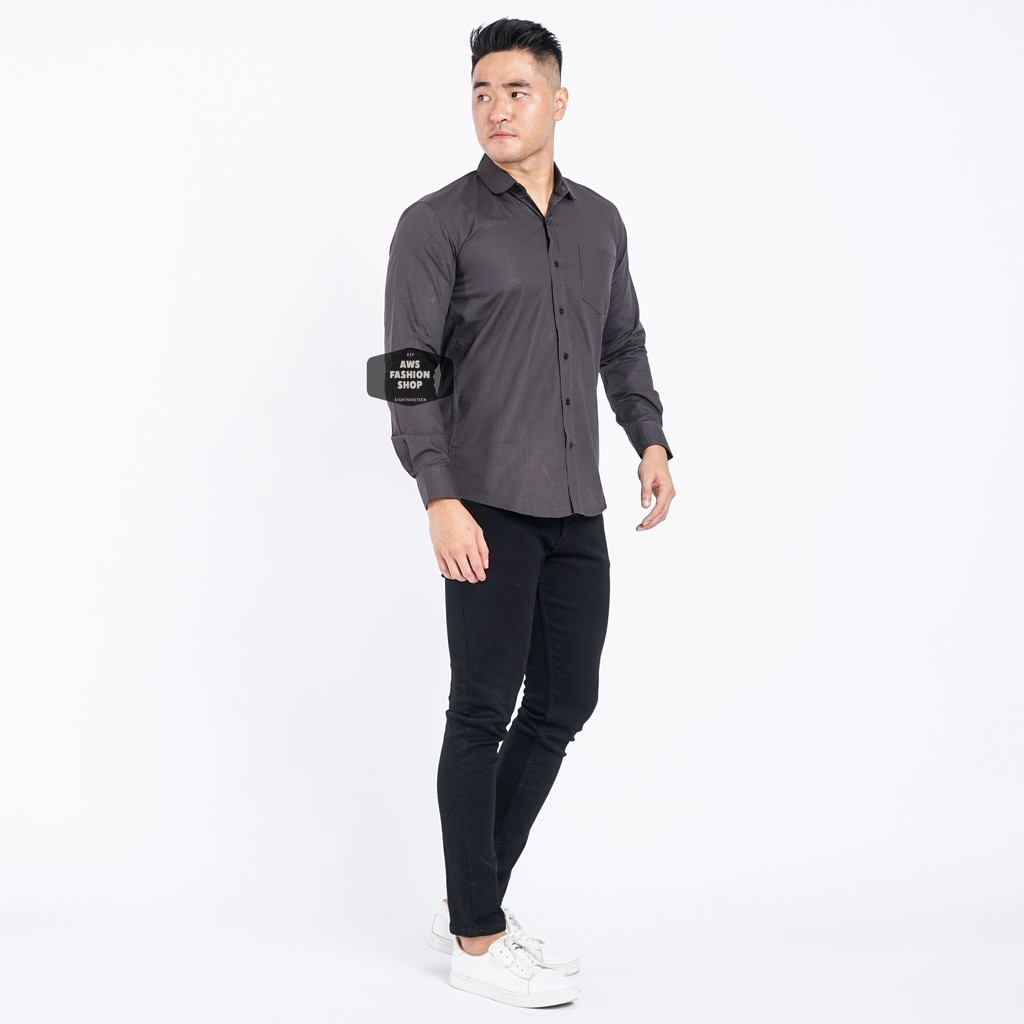 Kemeja Pria Lengan Panjang Polos Cowok Abu - Abu Tua Dark Grey Casual Slimfit 3272