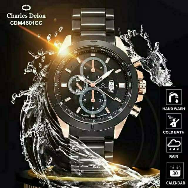 JAM TANGAN COWOK ELEGANT KUALITAS ORIGINAL CHARLES DELON BLACK GOLD LIMITED EDITION