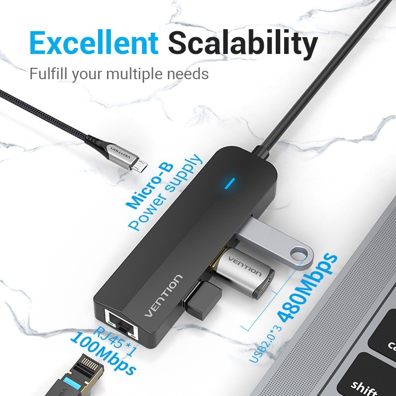 USB HUB Vention Type C USB Hub with LAN and Micro USB Power Supply