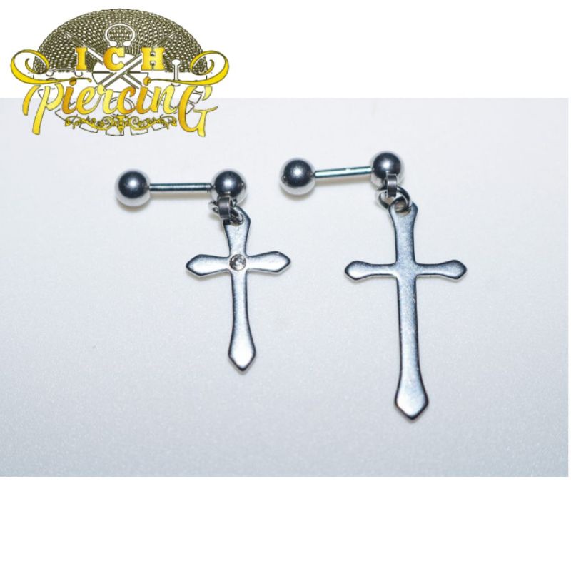 anting titanium salib model barbel / barbel anting wanita / cewe pria