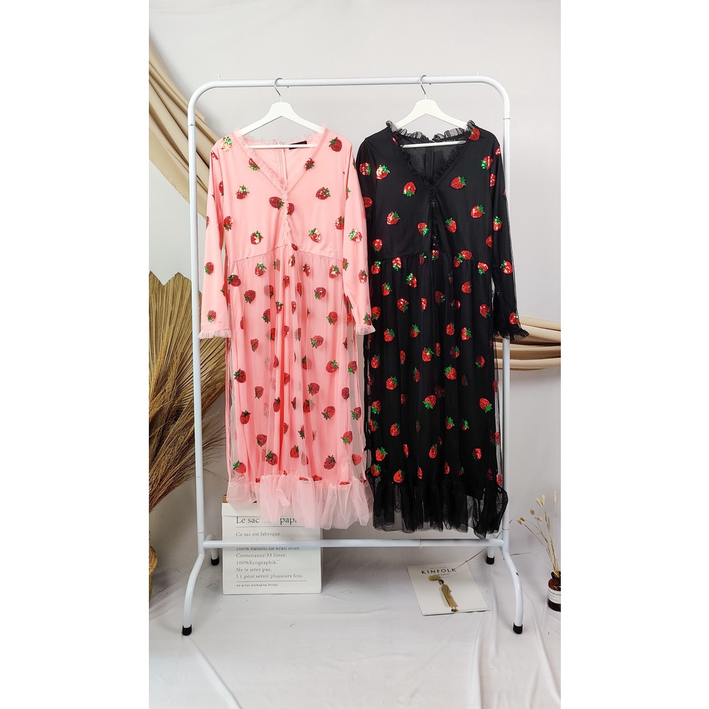 Strawberry Midi Tulle Dress / Gaun Viral Wanita Motif Strawberry