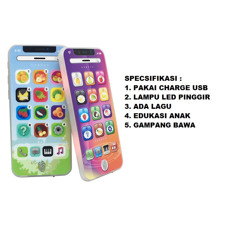 Mainan anak bayi HP android Handphone Touch Screen Lampu Led Musik Edukasi belajar bahasa english
