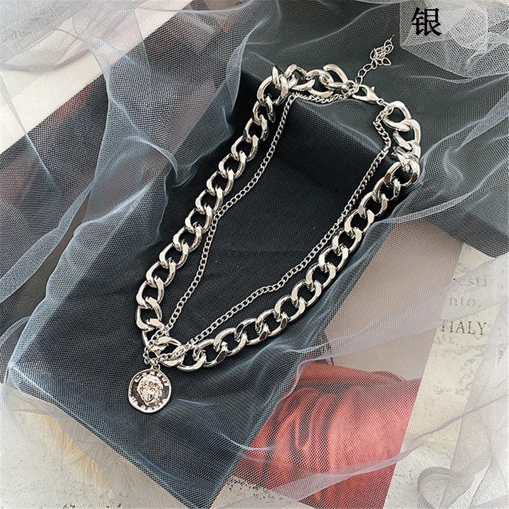 【COD Tangding】2 In 1 Double Personality Hip-hop Necklace Retro Portrait Exaggerated Thick Chain Short Clavicle Necklace