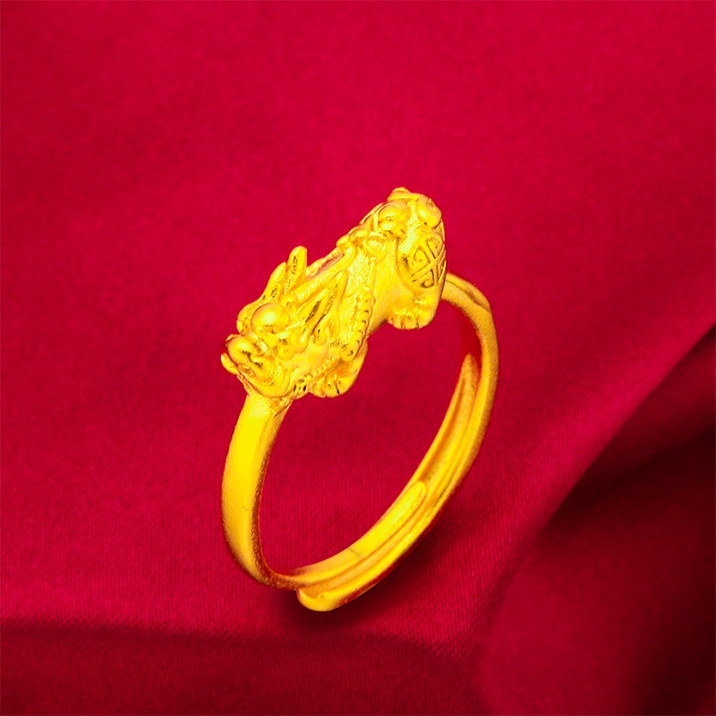 Cincin Emas Asli Kadar 375 Matte Sandblasted Pixiu Dapat Disesuaikan Untuk Wanita