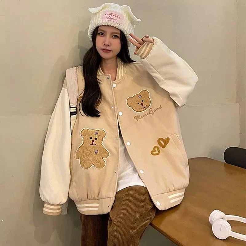 Jaket Baseball Wanita Allsize | MEME Good Bear Baseball Varsity | Jaket Baseball Korean Style