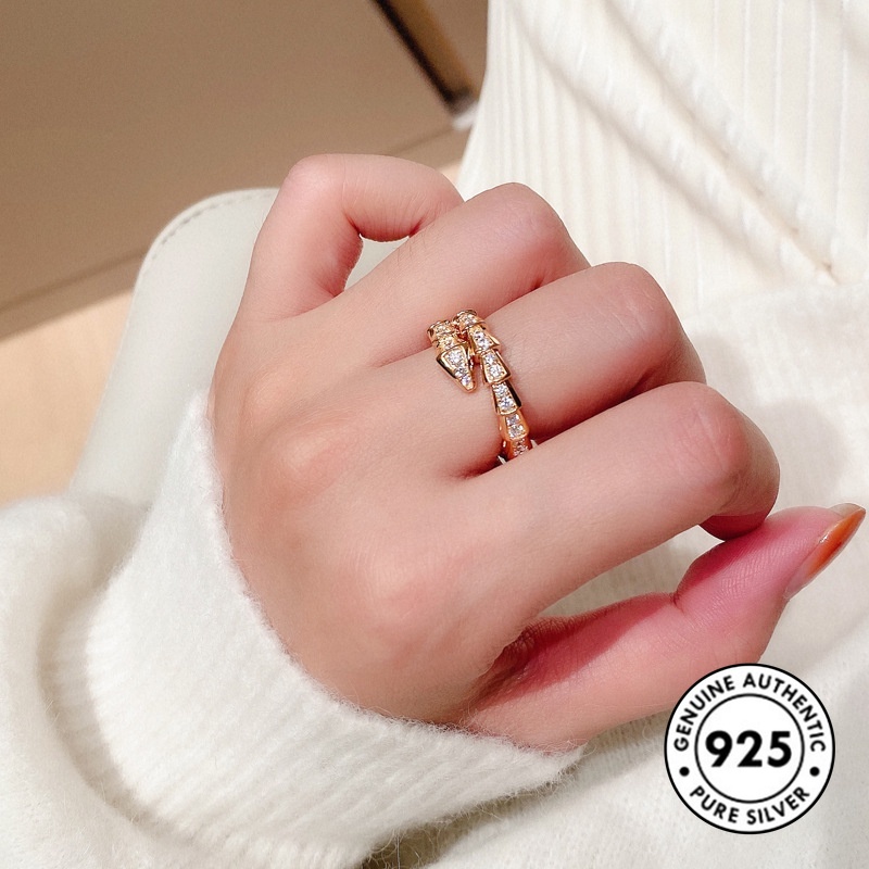 Cincin Model Terbuka Bentuk Ular Bahan S925 Silver Aksen Berlian Penuh