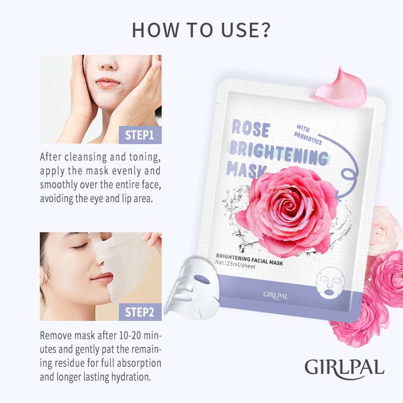 GIRLPAL BRIGHTENING FACIAL MASK Rose Moisturizing Face Mask Brightening Face Sheet Mask Masker Wajah Facial Skincare