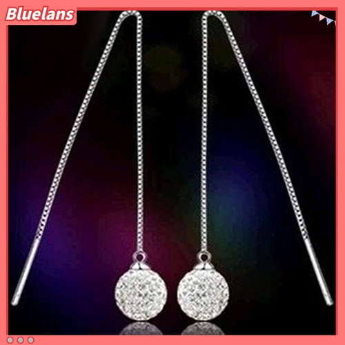 Anting Panjang Menjuntai Bentuk Bola Berlian Imitasi Lapis Perak Untuk Wanita