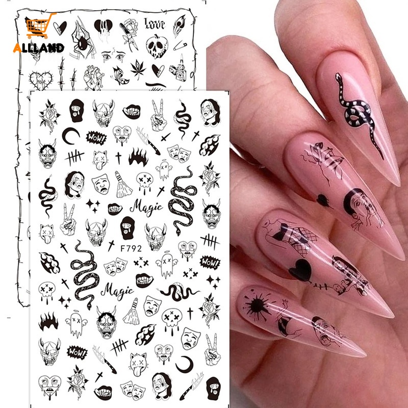 Stiker Kuku Motif Tengkorak / Laba-Laba / Mawar Untuk Dekorasi Nail Art / Pesta Halloween