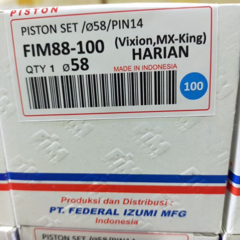 Piston seher kit fim vixion jupiter mx king fim 88 os std 50 100 150 200 250 300 MM PIN 14-OS 100 ( 58 MM)