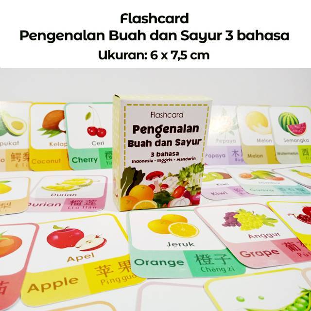 Flashcard pengenalan buah dan sayur 3 bahasa kartu 