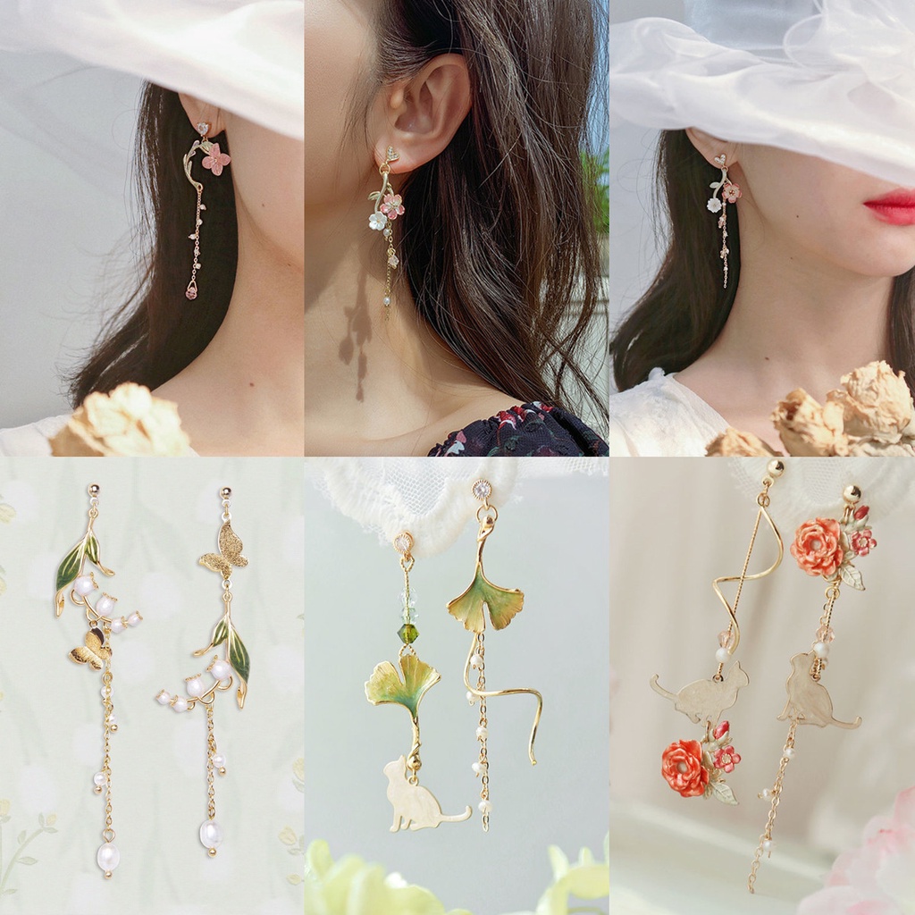 Japanese Fairy Style Gentle Sweet Summer Flower Leaves Tassel Earrings for Women Gift