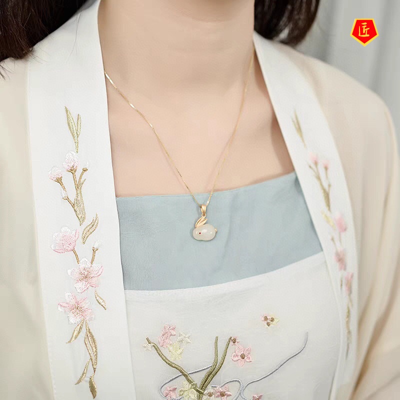 [Ready Stock]Natural Jade Ring Gold Inlaid Chalcedony Bunny Necklace Suit