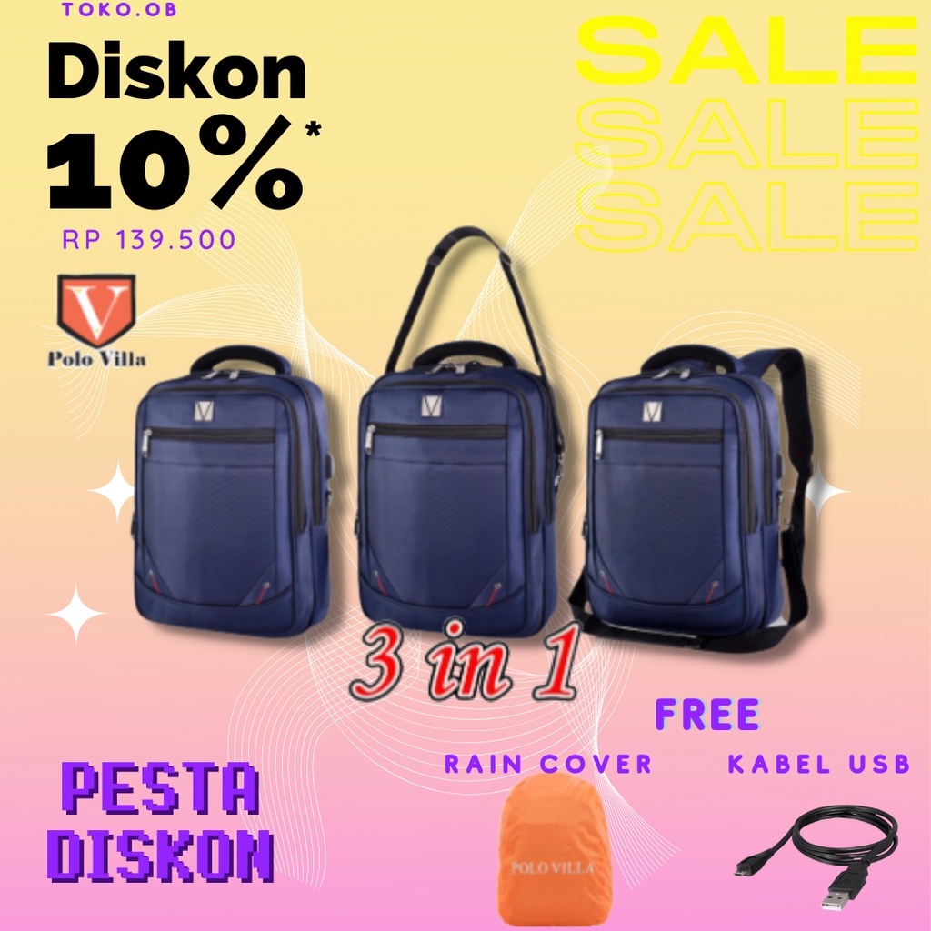 (Toko OB) Tas Murah 3IN1 Polo Villa 14079 Tas Sekolah Laptop Kerja (Free Rain Cover+Extension USB)