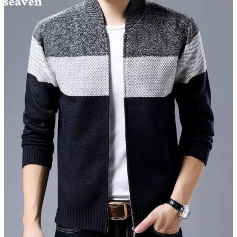 sweater resleting bisbol_KOMBINASI/hitam/sweter pria/ rajut pria