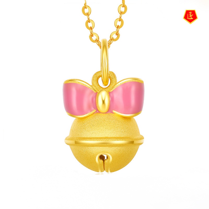 [Ready Stock]3D Golden Bell Pendant Female Lucky Beads Bow Necklace Cute Sweet