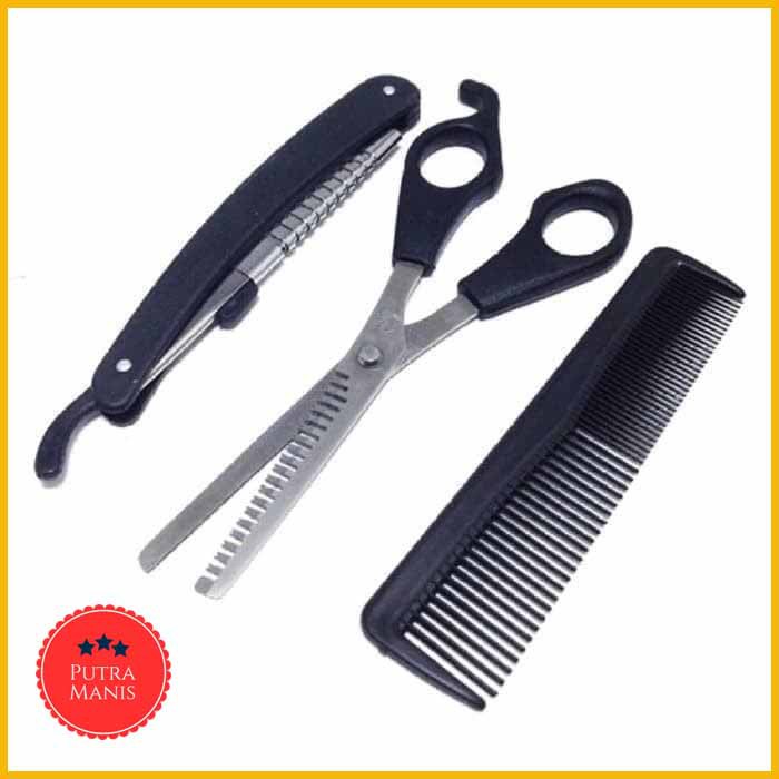 Set Alat potong Rambut 3in1 Gunting Sasak Sisir Pisau cukur lipat guting rabut Set barbershop