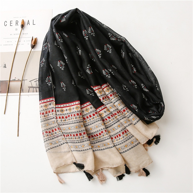 ITSFRIDAY AEERA Scarf - Premium Pashmina Shawl Selendang Syal Pasmina Hijab Import Motif Etnik Pattern Black Cream Tassel