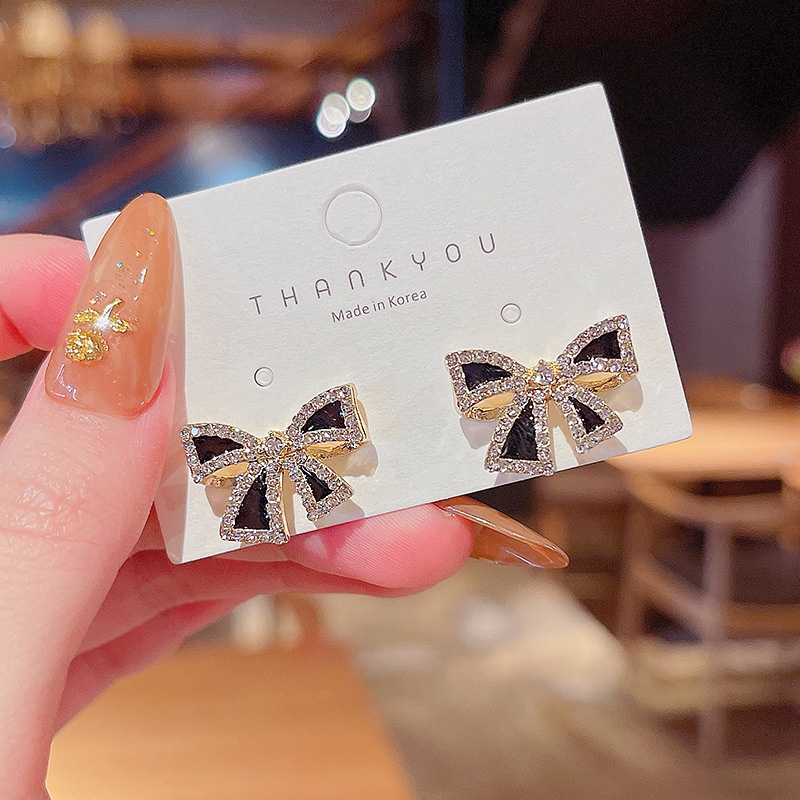 Shuling S925 silver needle Korean version Black Bow Earrings Female Stud Earrings Sweet Women Earrings