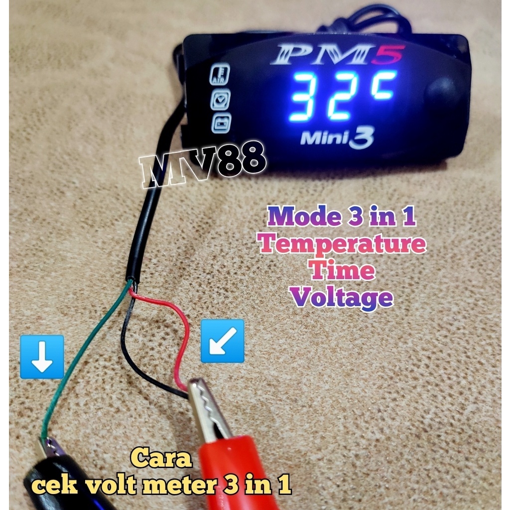 VOLT METER AKI 3 IN 1 FUNGSI VOLTMETER DIGITAL JAM DAN UKUR SUHU MOTOR Variasi