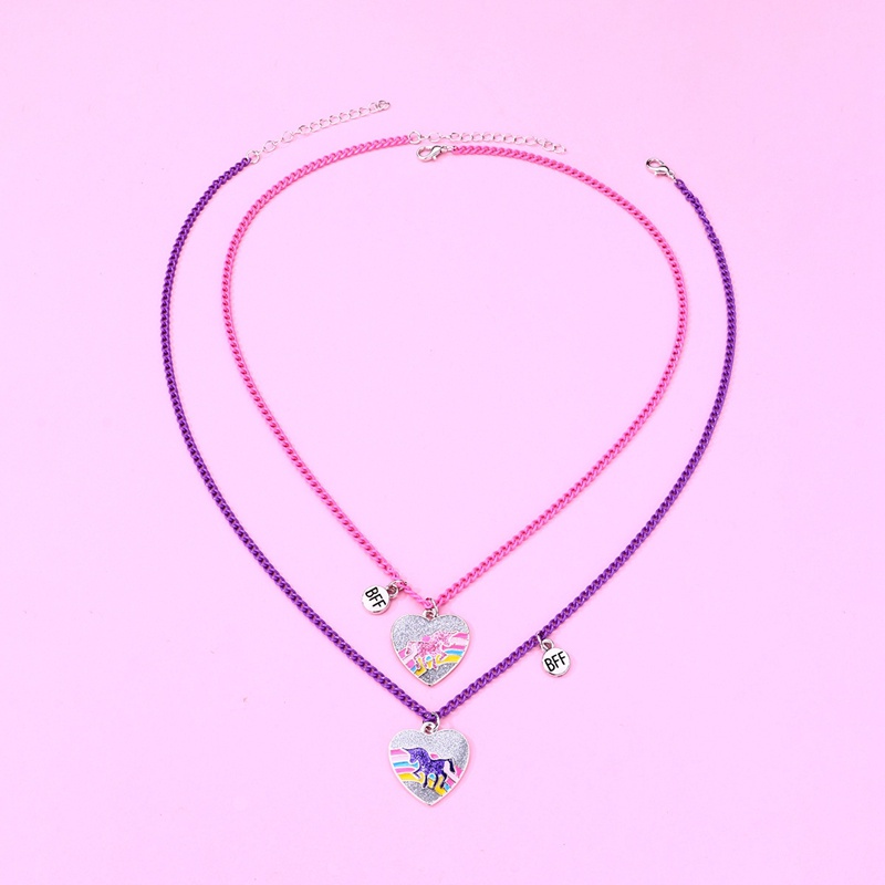 2pcs / Set Kalung Rantai Liontin Hati Unicorn Warna-Warni Untuk Wanita