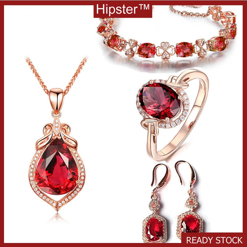 Set Hollow Four-Leaf Clover Bracelet Rose Gold Ring Full Diamond Ruby Pendant Set