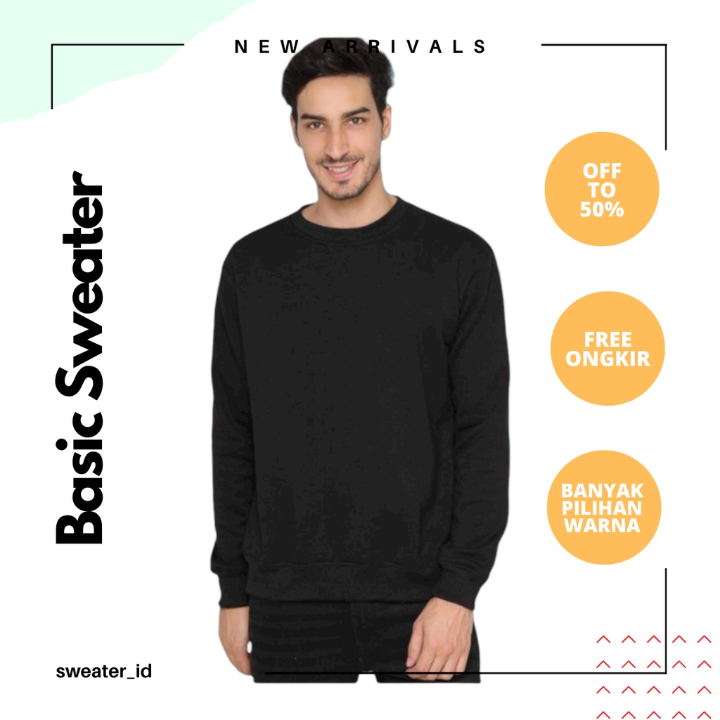 SWEATER_ID Basic Sweater Polos Crewneck Hitam Pria Wanita Fleece Premium