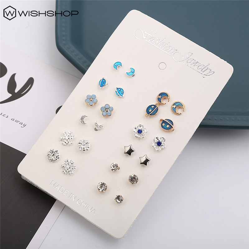 [12 Pairs Mixed Styles Moon Earth Stars Ear Cuff Stud Earrings ] [Ladies Elegant Rhinestone Studs Earrings] [Korean INS Simple Style Bridal Wedding Party Ear Jewelry]