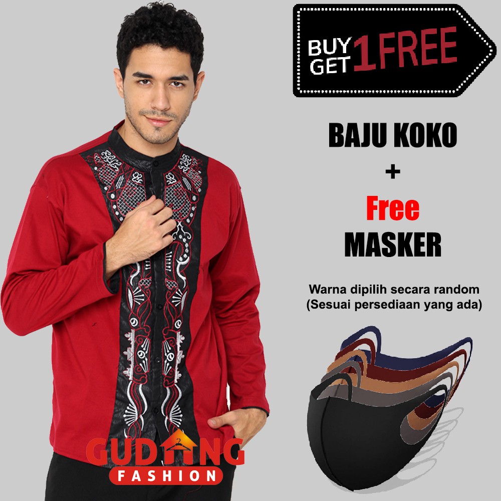 Baju Koko Pria Muslim Lengan Panjang Plus Free Masker