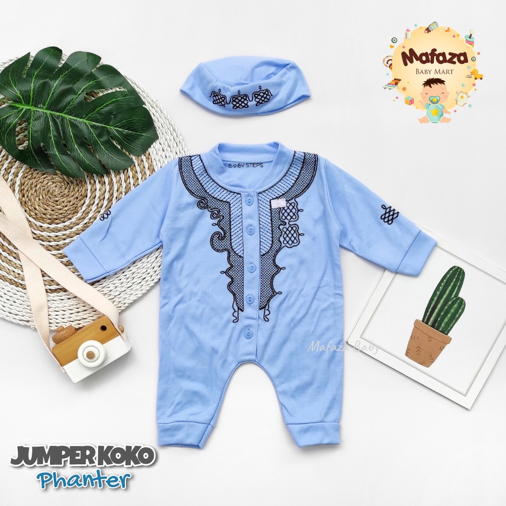 MAFAZABABY Set Jumper Romper Koko Bayi Baju Muslim Anak Bayi Laki-laki Newborn Koko Aqiqah(0-6bulan)-Motif 1 biru