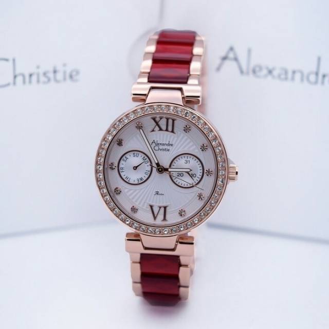 Jam Tangan Cantik Fashion Alexandre Christie AC 2514 Rosegold Ceramik Red Original