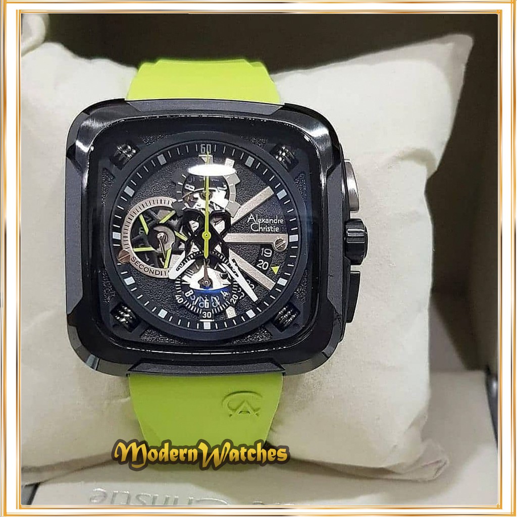 Jam Tangan Ori Terbaru Pria Alexandre Christie AC 6577 Hijau Hitam Black Lime Green Sporty Karet