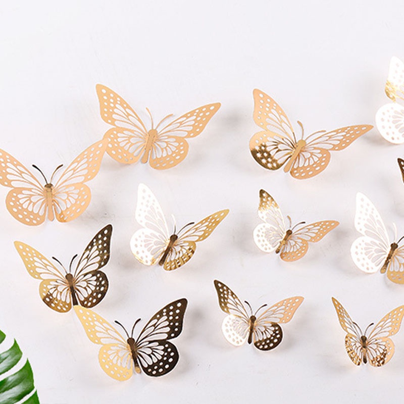 COD❤️12pcs Sticker Butterfly 3D Kupu-kupu Dekorasi Dinding Aesthetic Emas Bunga Decor Hiasan Mahar Rustic Dekorasi Wall Sticker