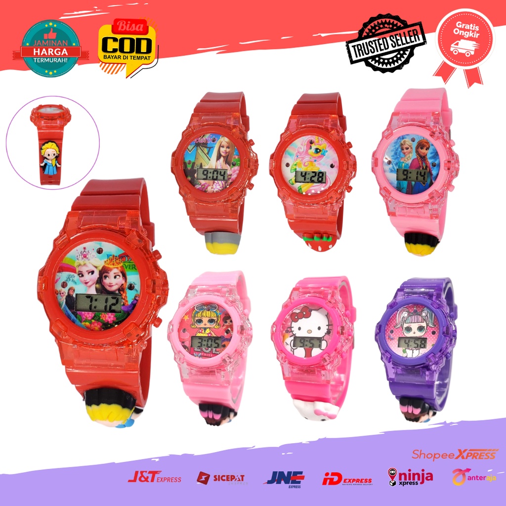 [COD] Jam Tangan Anak Cewek Strap Rubber Model Mainan 3D Digital Melodi Musik Karakter Kartun LOL Hello Kitty Barbie Elsa