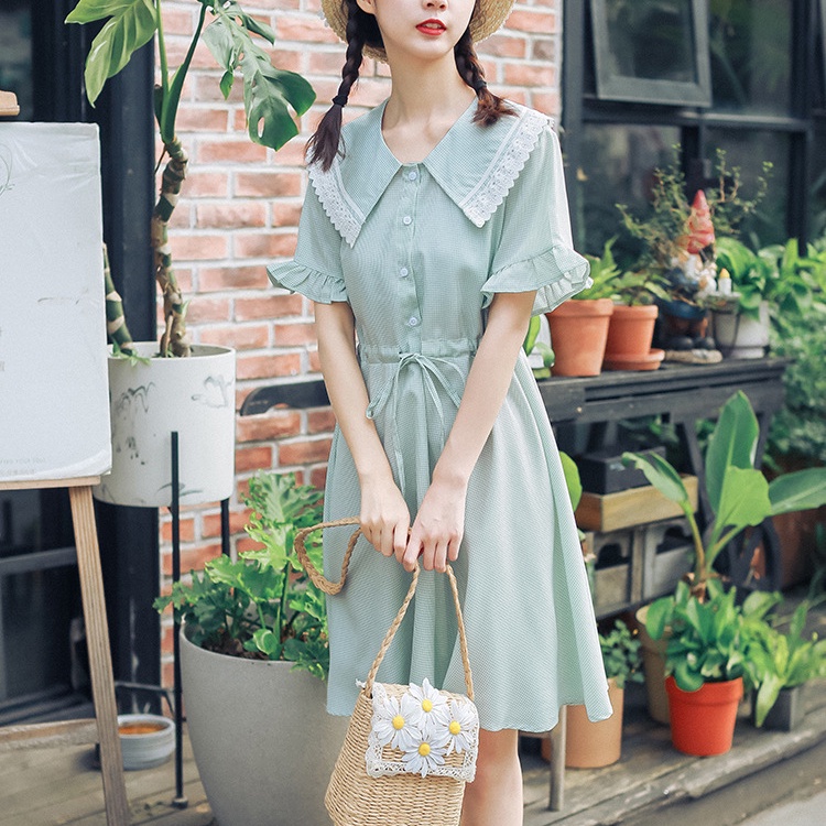 MR-115 dress wanita renda kotak-kotak simple summer high quality import korea jepang