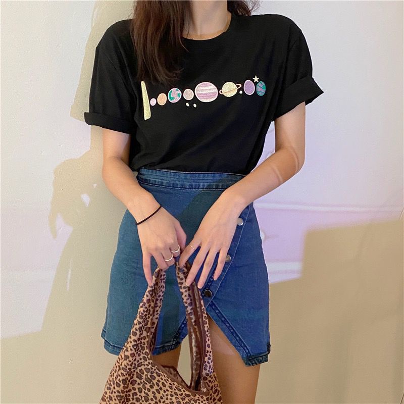 [littlecrab] Kaos Oversize Planet Besar Lucu Unik Tshirt Bordir Berkualitas Tata Surya Imut Simple Elegan 8 Planet Tata Surya Aesthetic Couple T-shirt Keren Korean Style