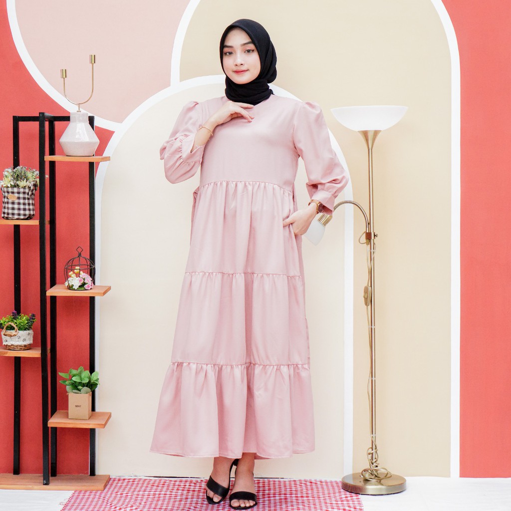 [ COD ] Andien Dress S M L XL | Fashion Muslim Tangan Balon Rok Rempel | Casual Daily Kondangan OOTD