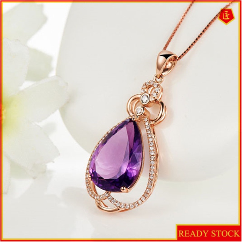 [Ready Stock]Stylish Water Drop Pear-Shaped Amethyst Pendant 18K Rose Gold Plated Diamond-Studded Necklace