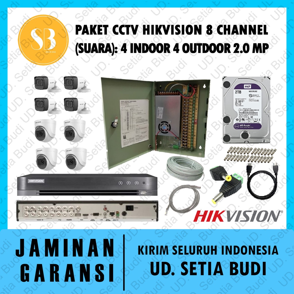 Paket FULL CCTV Hikvision 8 Channel (Suara): 4 Indoor 4 Outdoor 2.0 MP