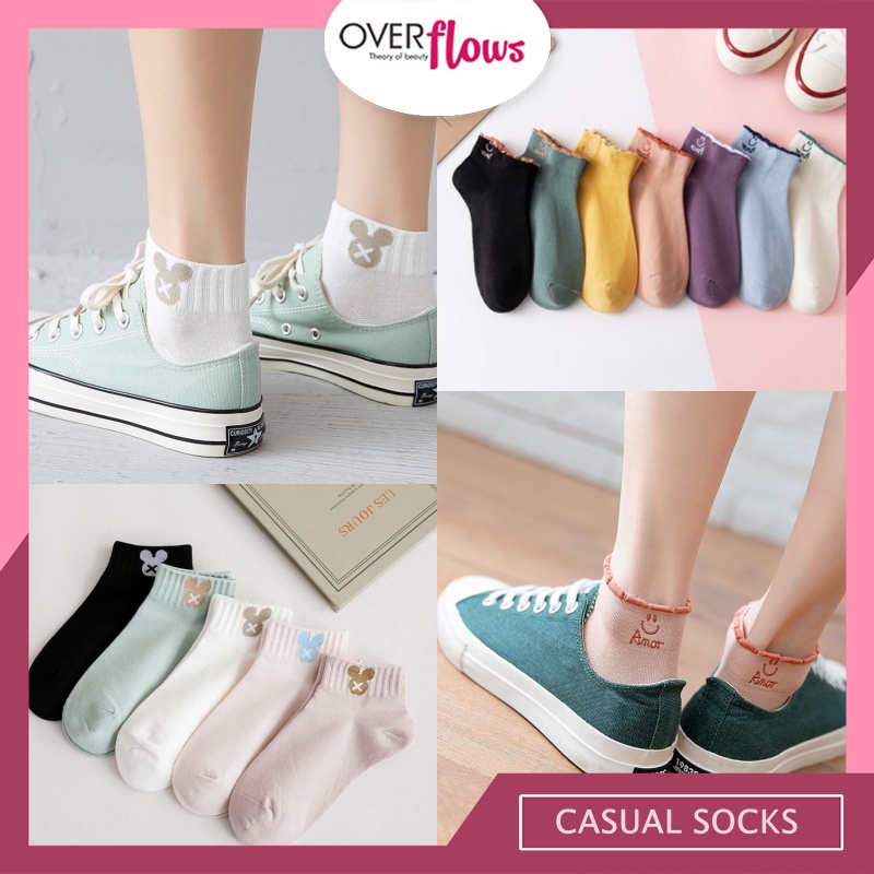 OVERFLOWS.ID Kaos Kaki Import Mata Kaki Ankle Sock Pendek Wanita Remaja Motif Smile Gelombang Kaos kaki Miki Lucu