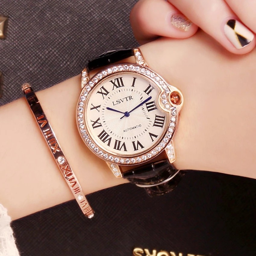 JAM TANGAN LSVTR PEREMPUAN CASUAL TALI KULIT MODEL BERLIAN GAYA KOREA