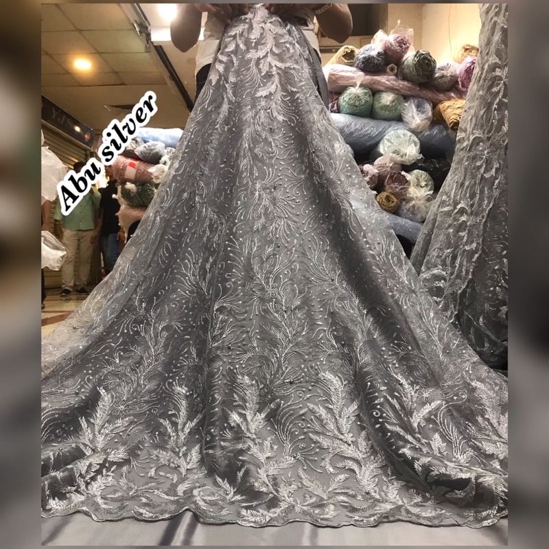 MURAH!! kain bahan tille akar mutiara bordir atas bawah / bahan kebaya brokat tille ( DAUN BORDIR).