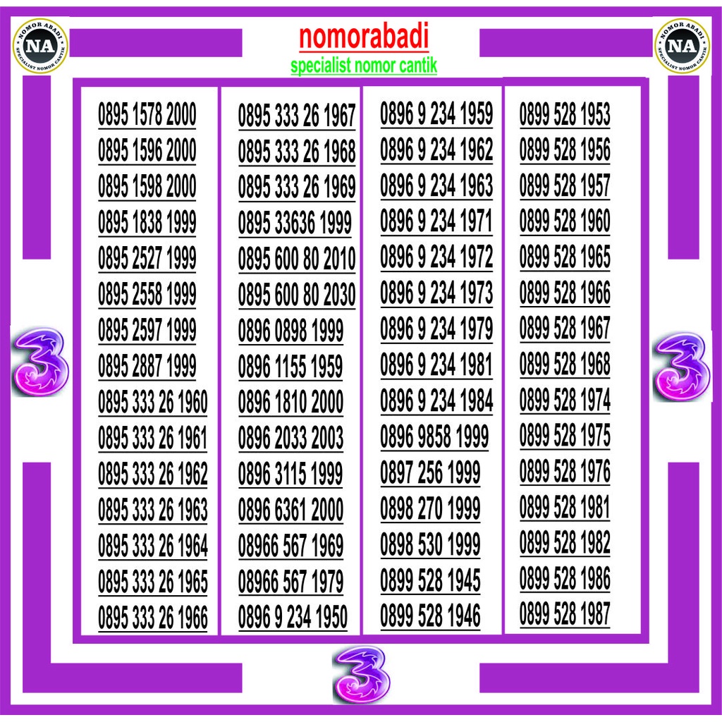 nomor cantik tri tahun h200